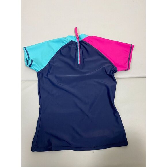 Eddie Bauer Swim Shirt Girls Kids Rash Guard Blue Pink  Size Medium 10/12 Zip‎ - Picture 2 of 10